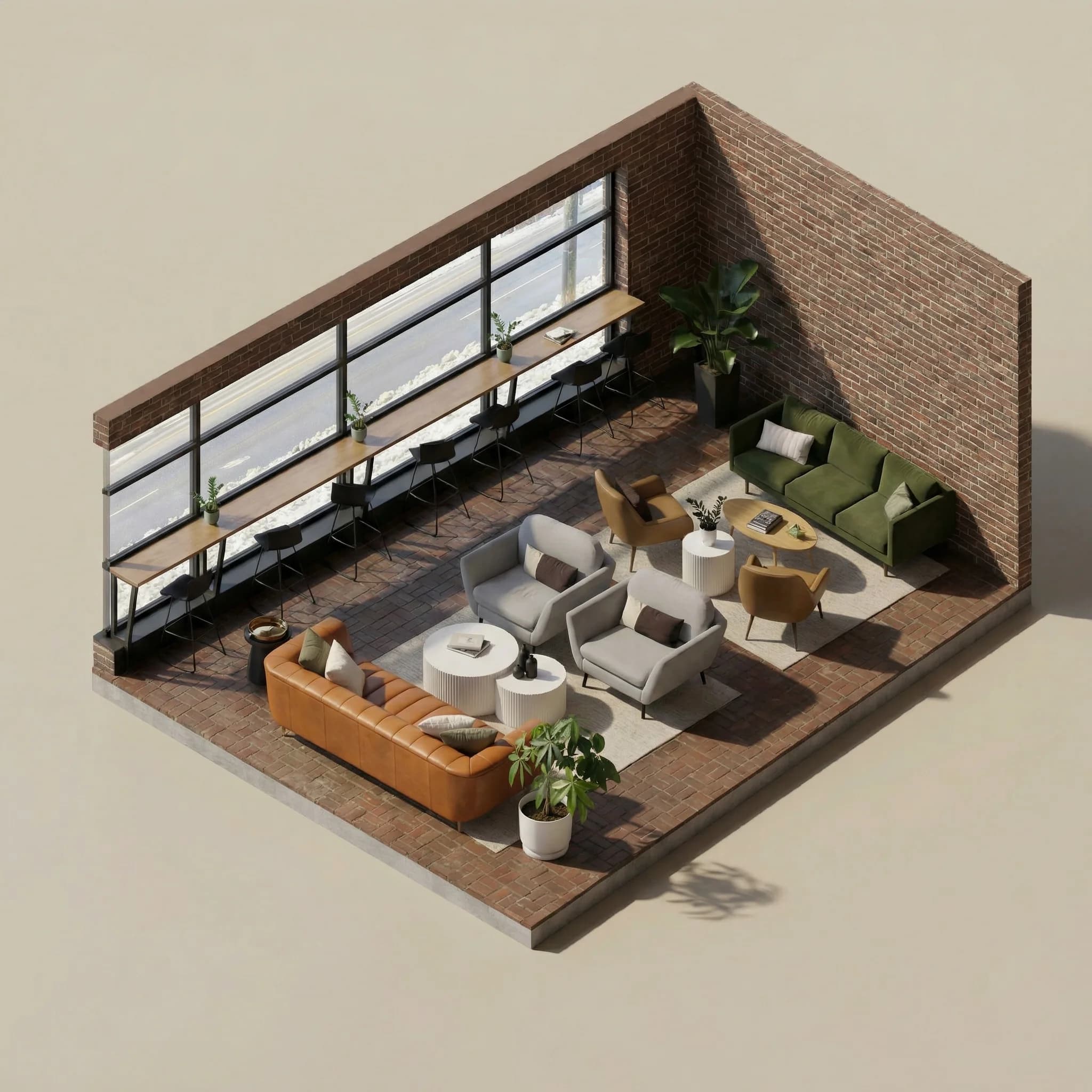 Coworking lounge isometric view